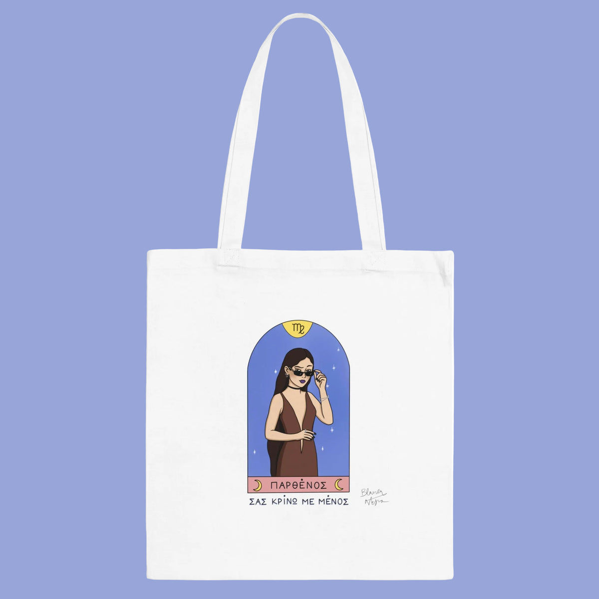 White tote bag with a graphic of a woman in a dress and sunglasses on a blue background.