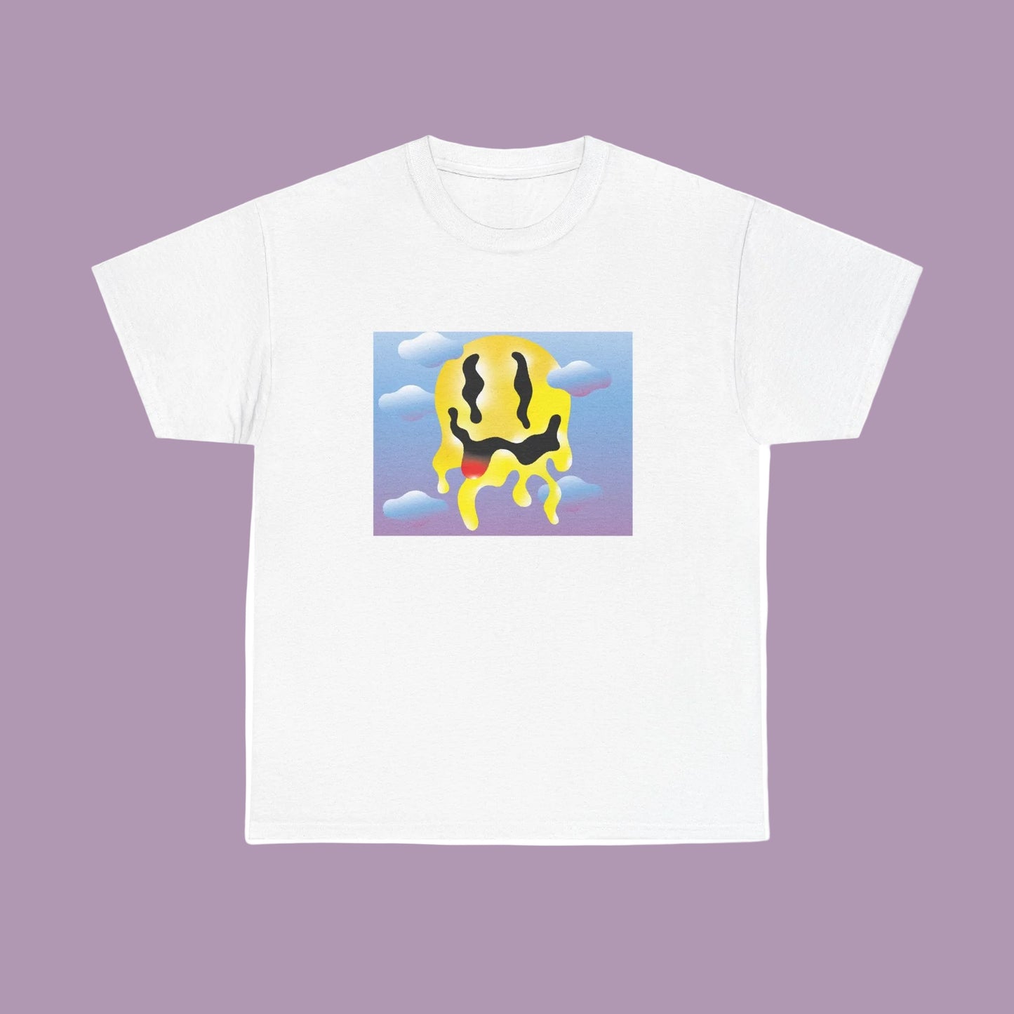 A white unisex t-shirt with a printed design featuring a stylized graphic on the front.