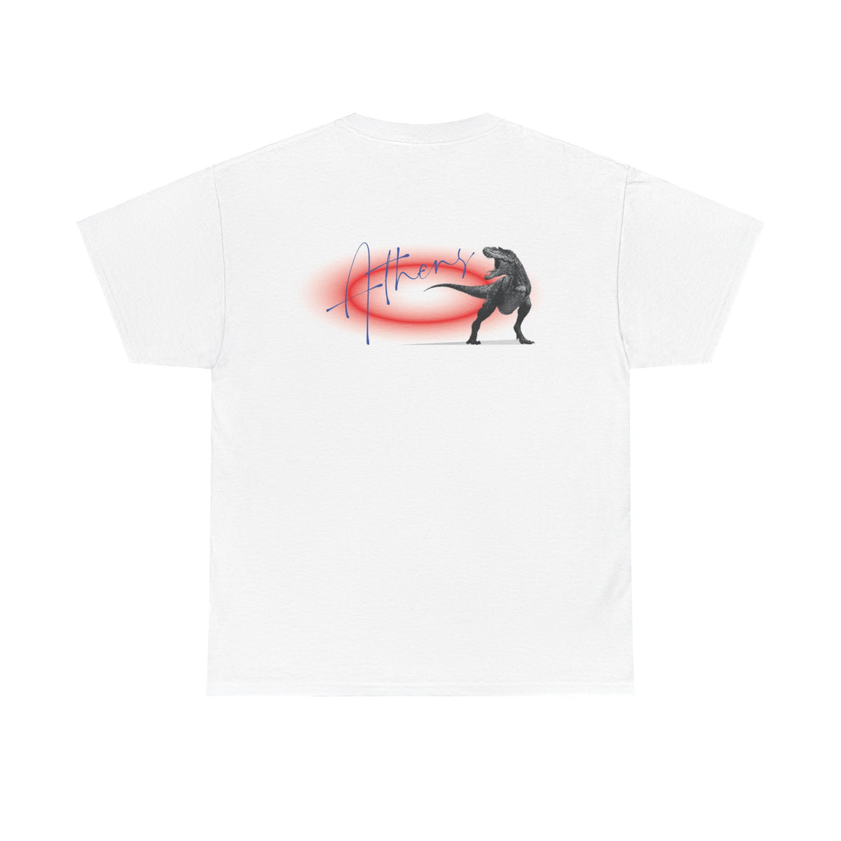 A white unisex t-shirt with a printed design of a dinosaur on the back.