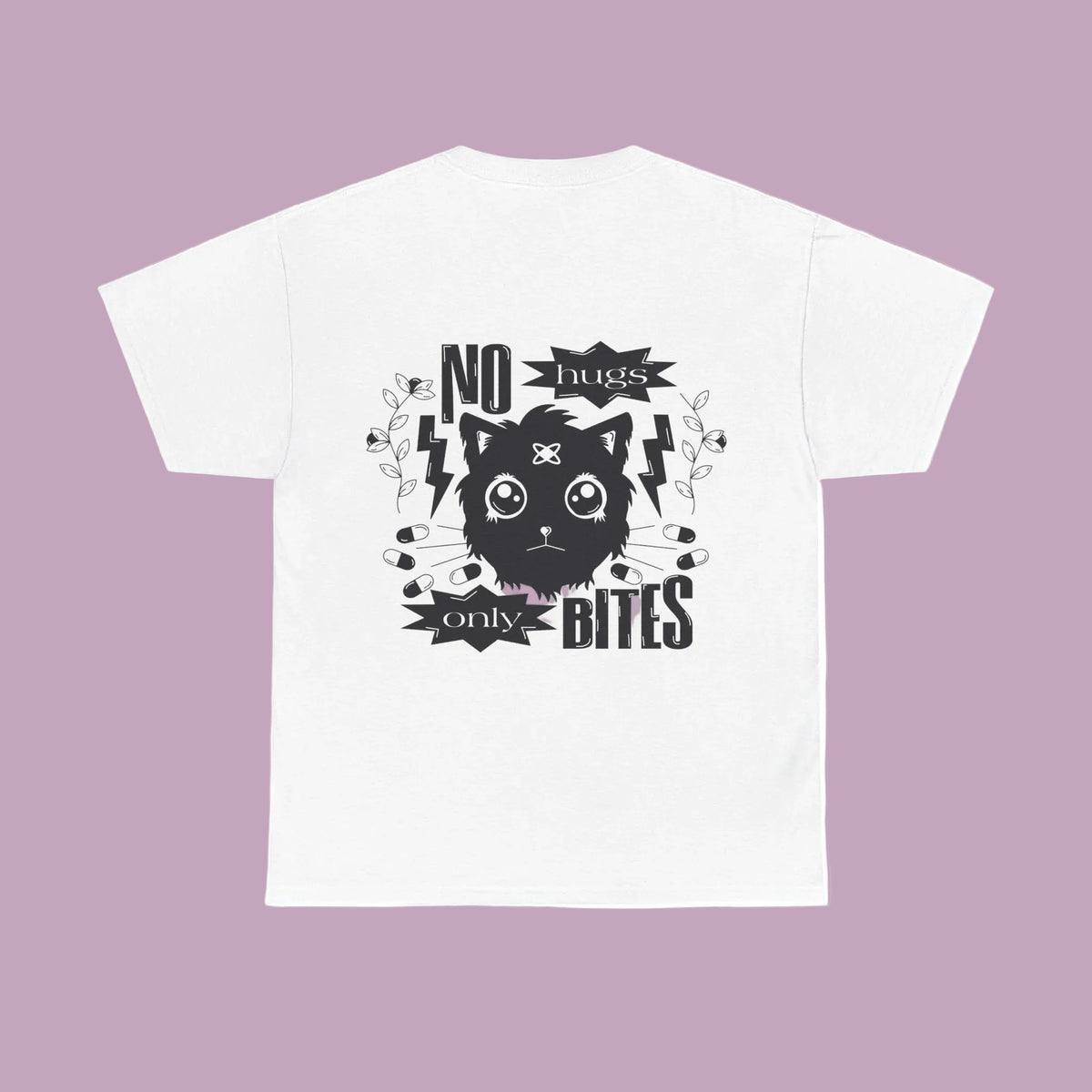 A white unisex t-shirt with a black graphic print that includes the text 'NO HUGS ONLY BITES' and an illustration of a cat.