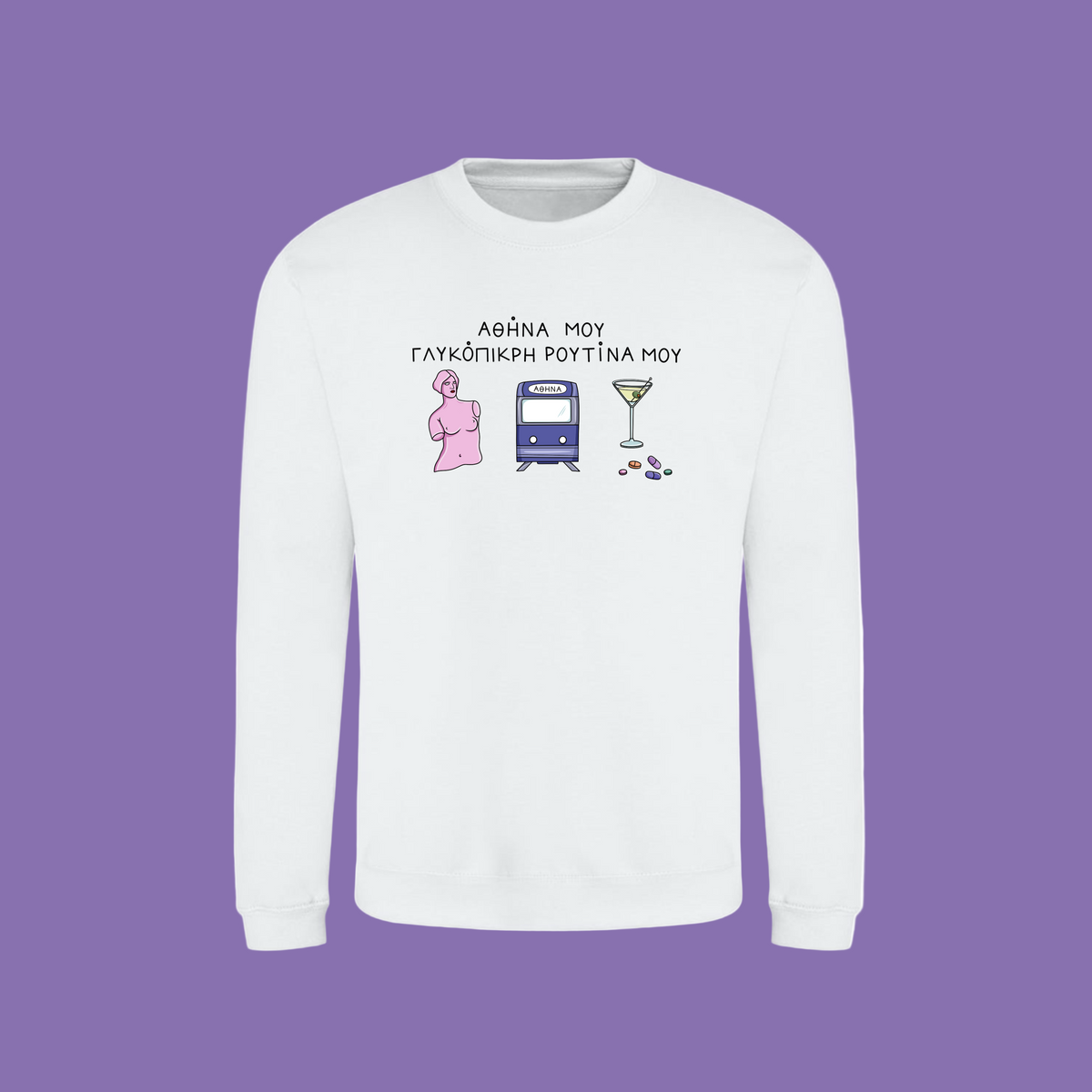 White long-sleeve shirt with graphic design and text on a white background