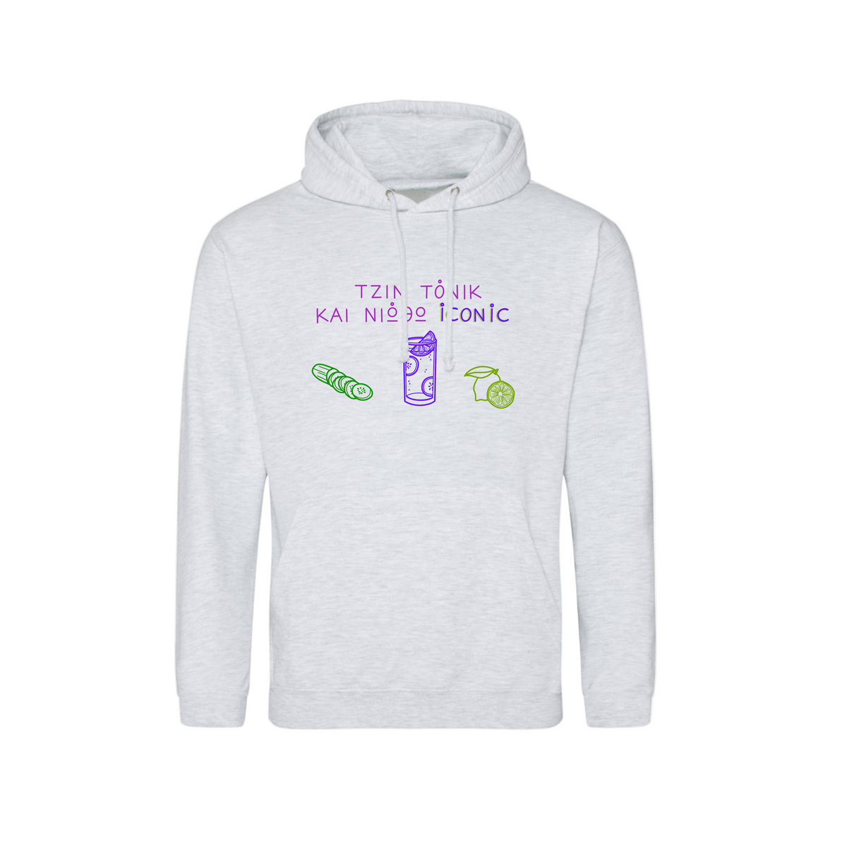 White hoodie with colorful text and graphics on a white background