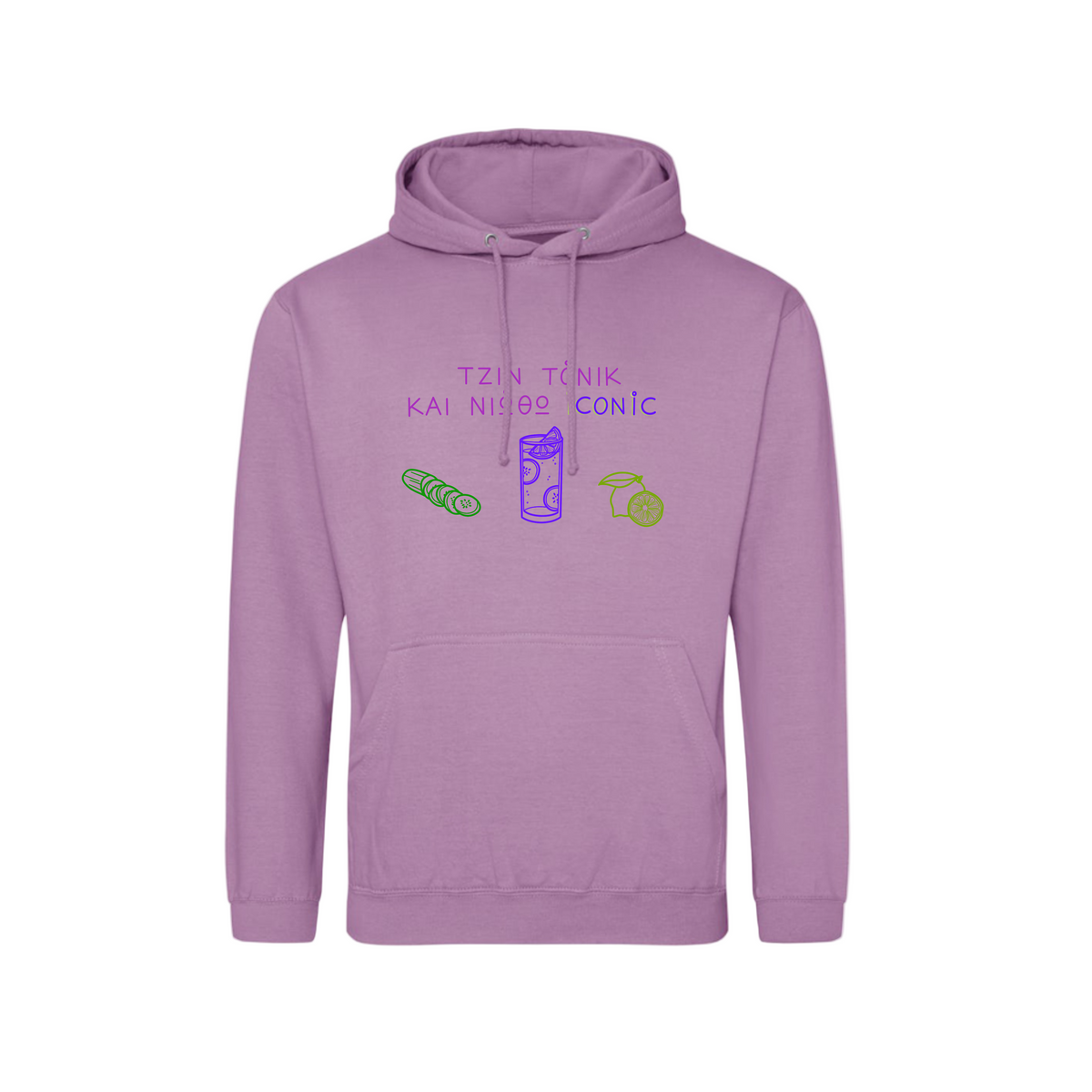 Lavender hoodie with text and graphics on a white background