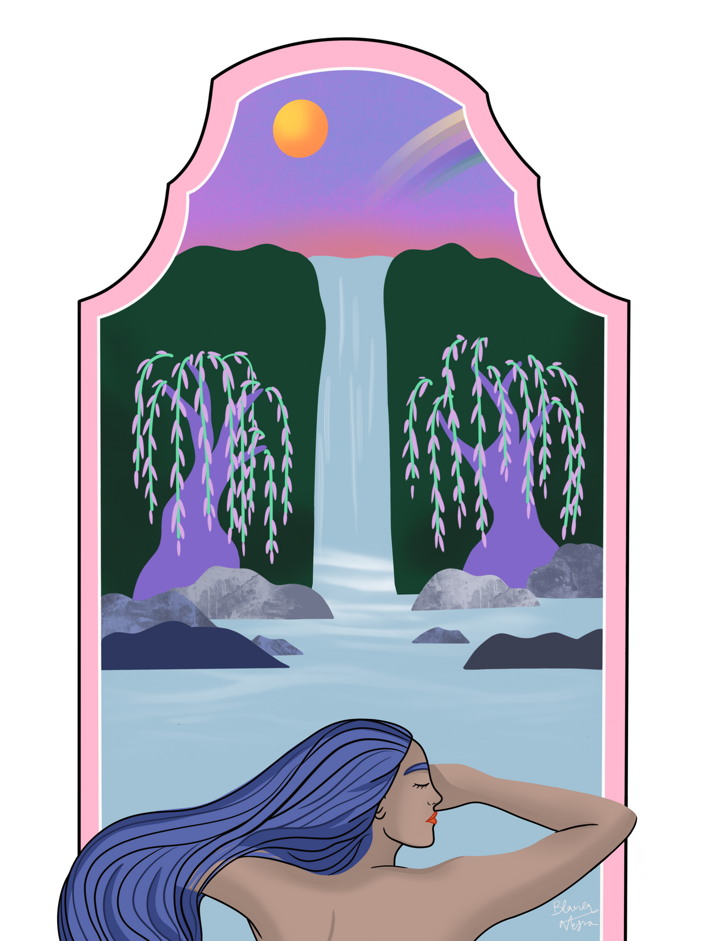 Illustration of a woman with blue hair looking at a waterfall with trees and a rainbow in the background.