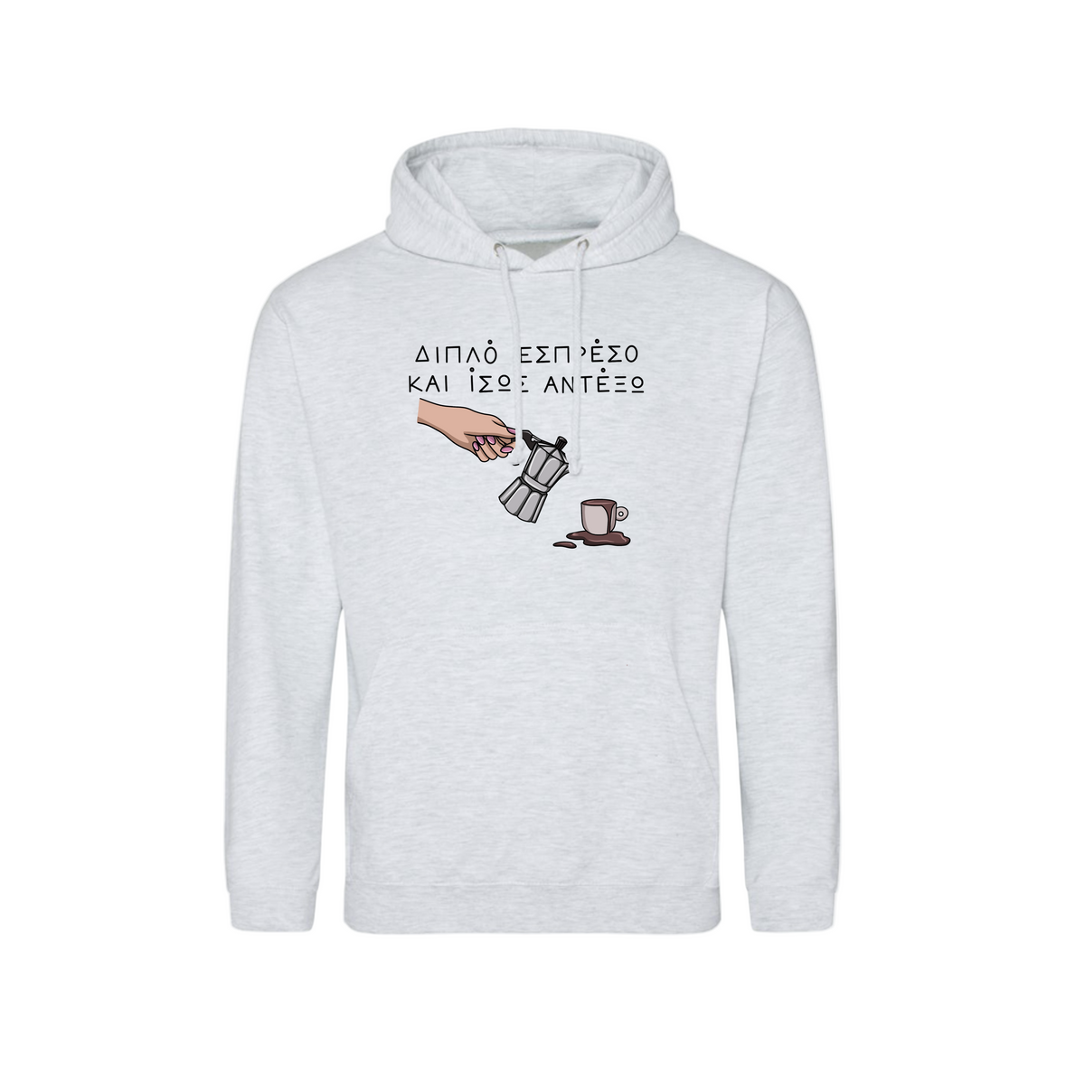 Ash hoodie with graphic design and text on a white background