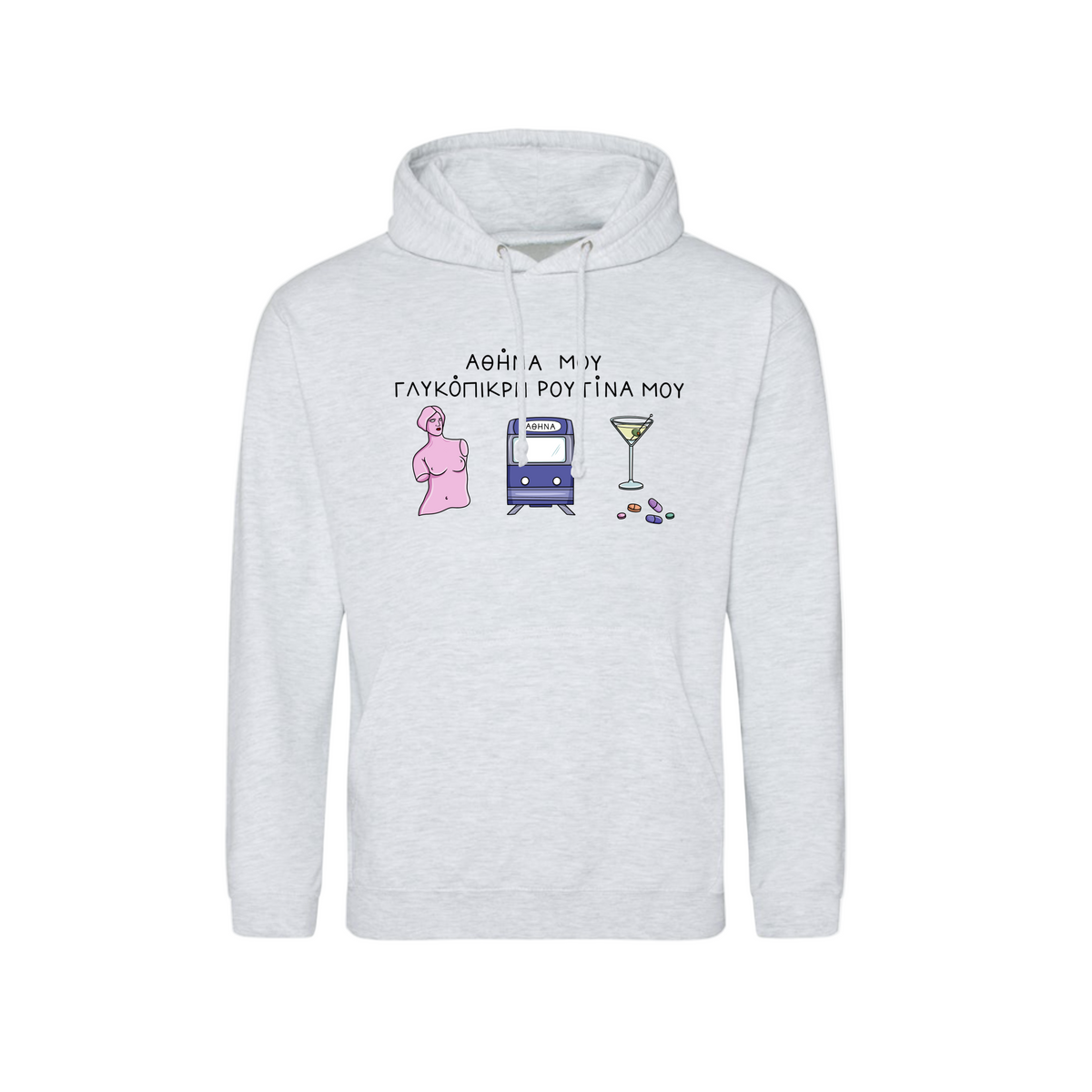 Ash hoodie with graphic design and text on a white background