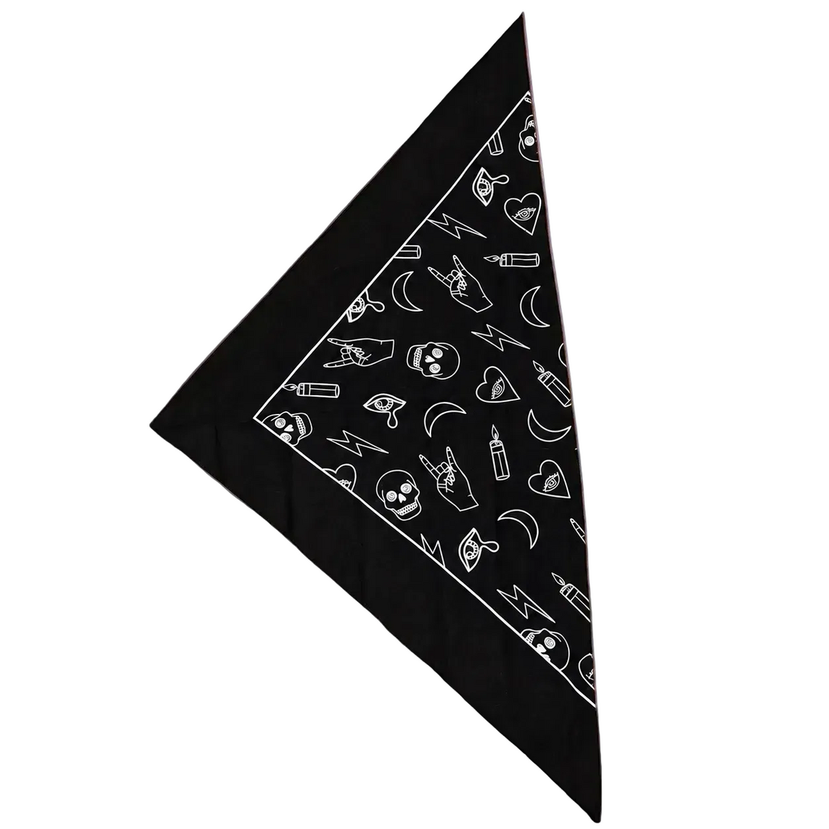 A black triangular bandana with a white tattoo-themed pattern, laid flat on a light brown wooden floor.
