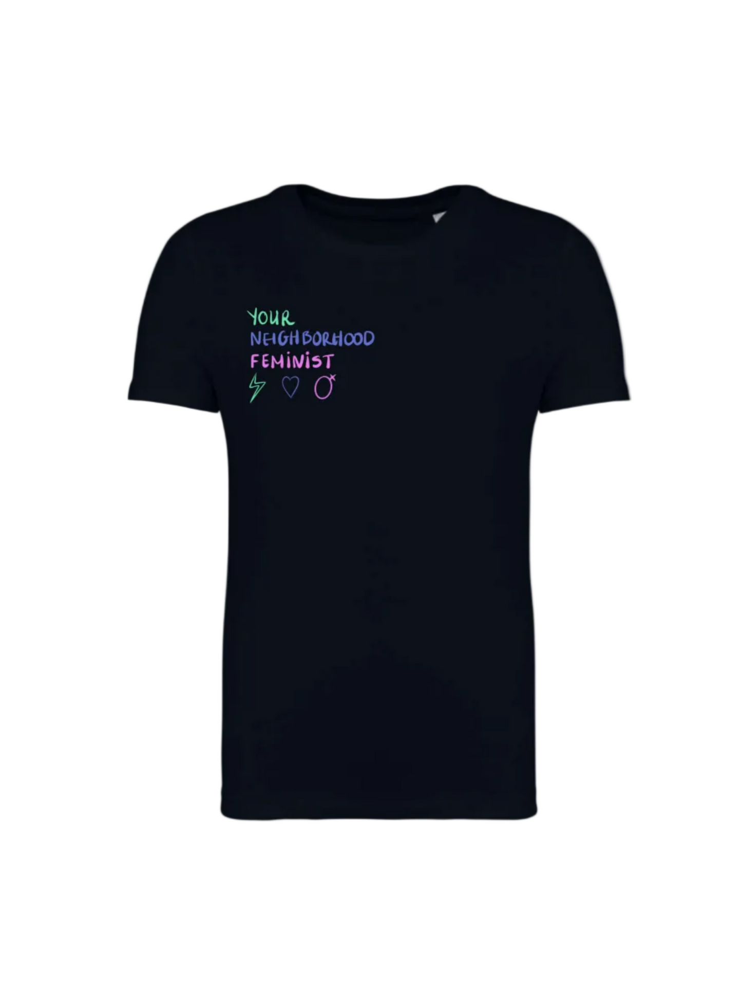 Black t-shirt with colorful text and symbols on a white background
