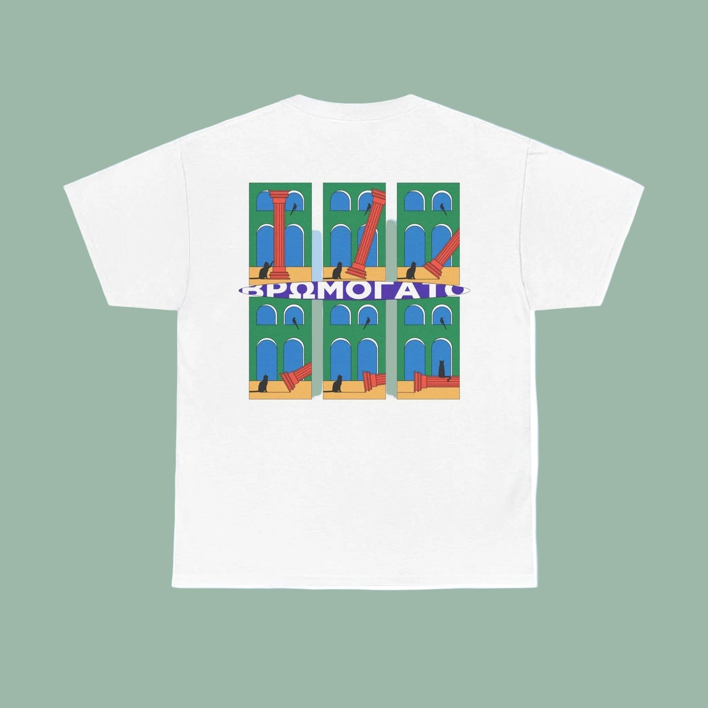 A white crew neck t-shirt with a printed design featuring abstract geometric patterns in multiple colors.
