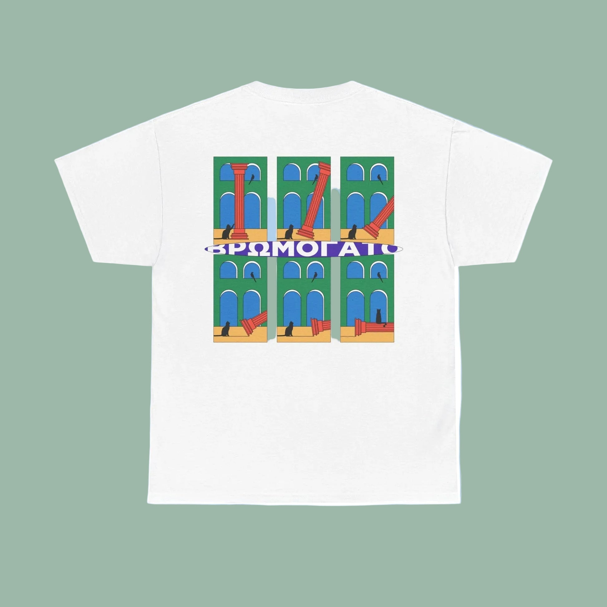 A white crew neck t-shirt with a printed design featuring abstract geometric patterns in multiple colors.