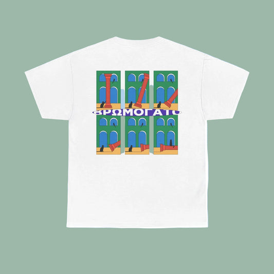 A white crew neck t-shirt with a printed design featuring abstract geometric patterns in multiple colors.