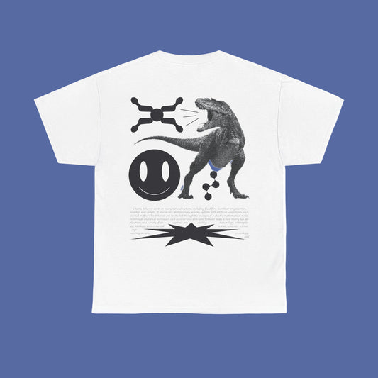 A white unisex crew neck t-shirt with a printed design featuring a dinosaur, a smiley face, and text on the front.