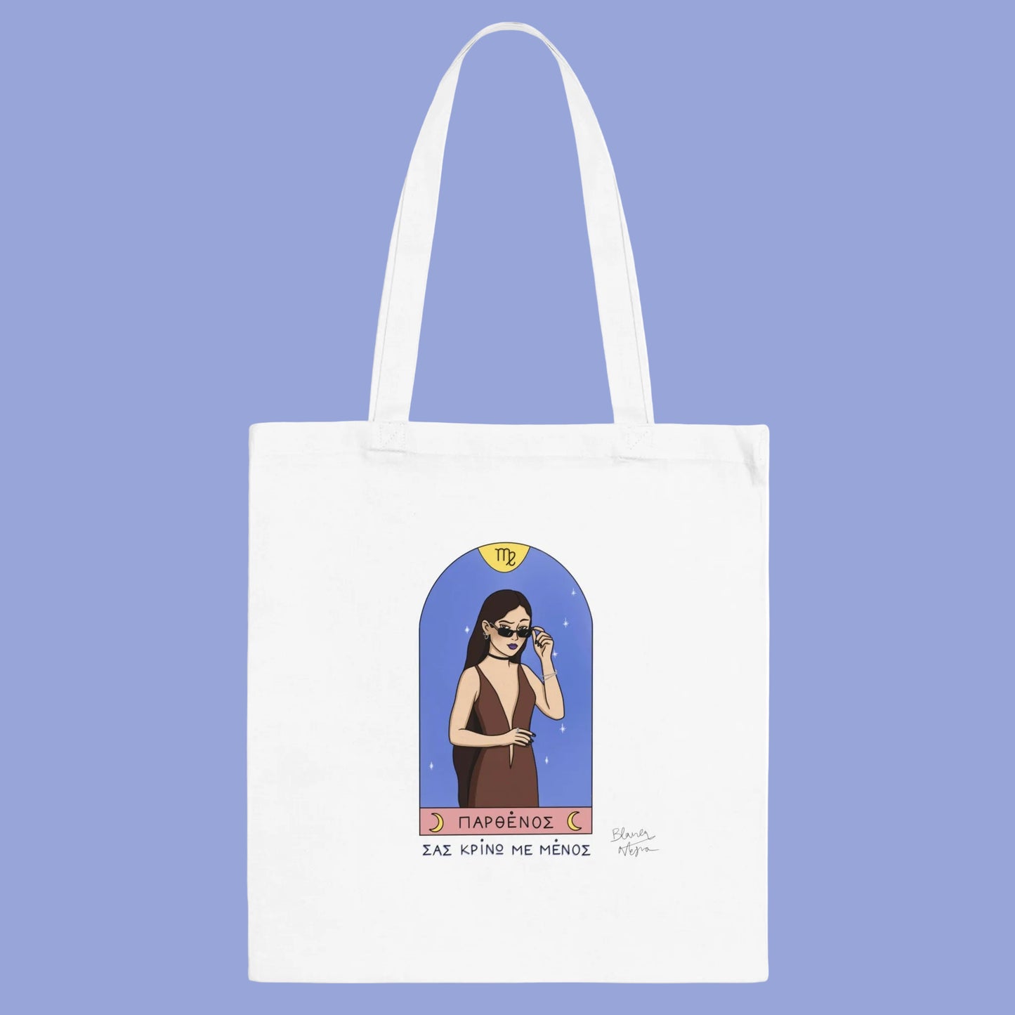 White tote bag with a graphic of a woman in a dress and sunglasses on a blue background.