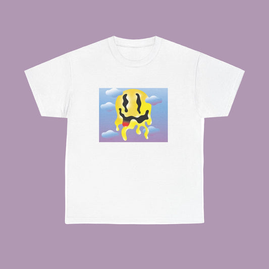 A white unisex t-shirt with a printed design featuring a stylized graphic on the front.