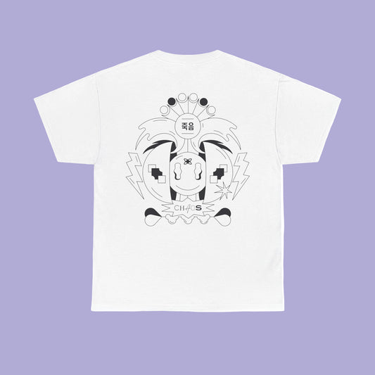 A white unisex crew neck t-shirt with a printed design in black and gray on the front.