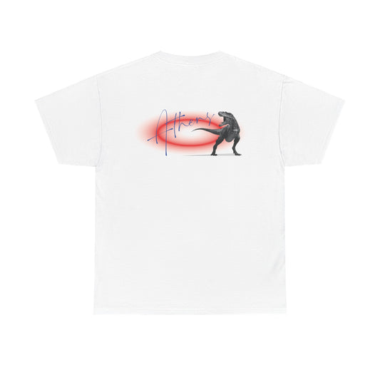 A white unisex t-shirt with a printed design of a dinosaur on the back.