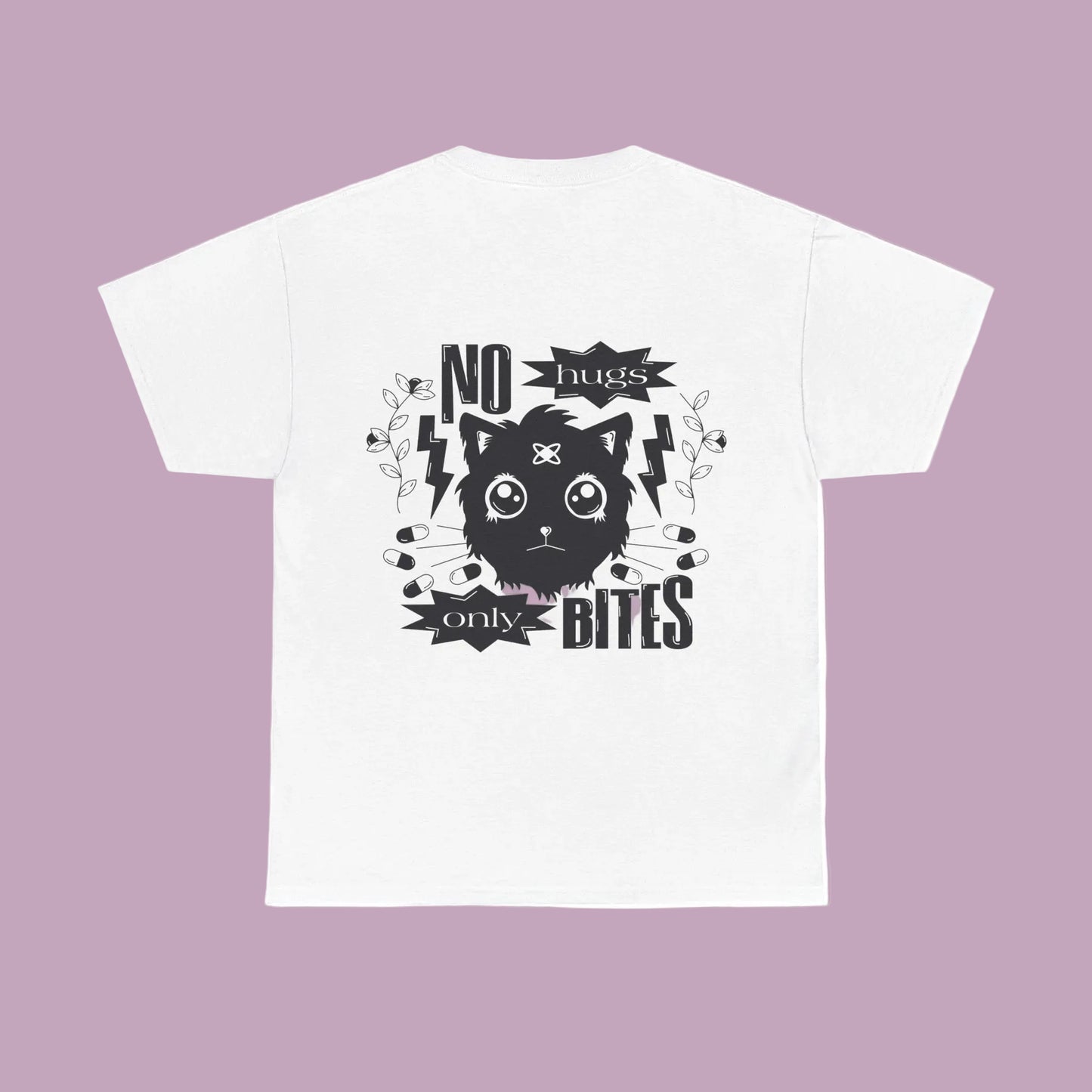 A white unisex t-shirt with a black graphic print that includes the text 'NO HUGS ONLY BITES' and an illustration of a cat.