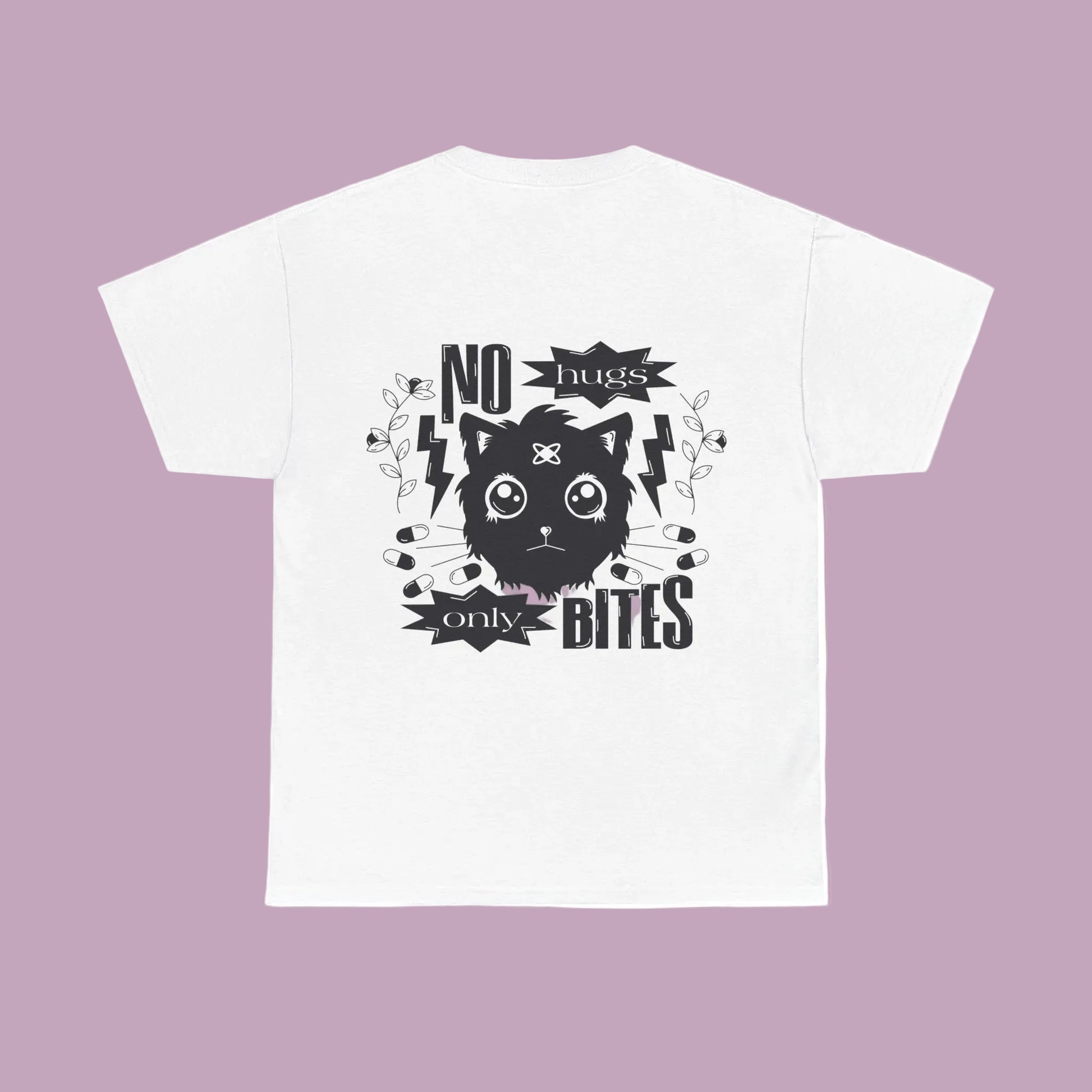 A white unisex t-shirt with a black graphic print that includes the text 'NO HUGS ONLY BITES' and an illustration of a cat.