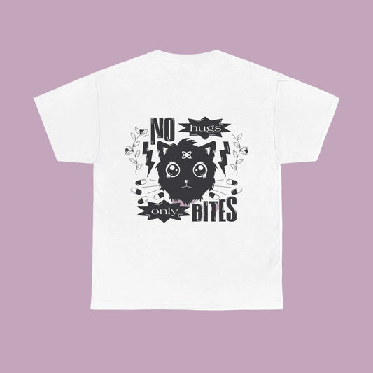 A white unisex t-shirt with a black graphic print that includes the text 'NO HUGS ONLY BITES' and an illustration of a cat.