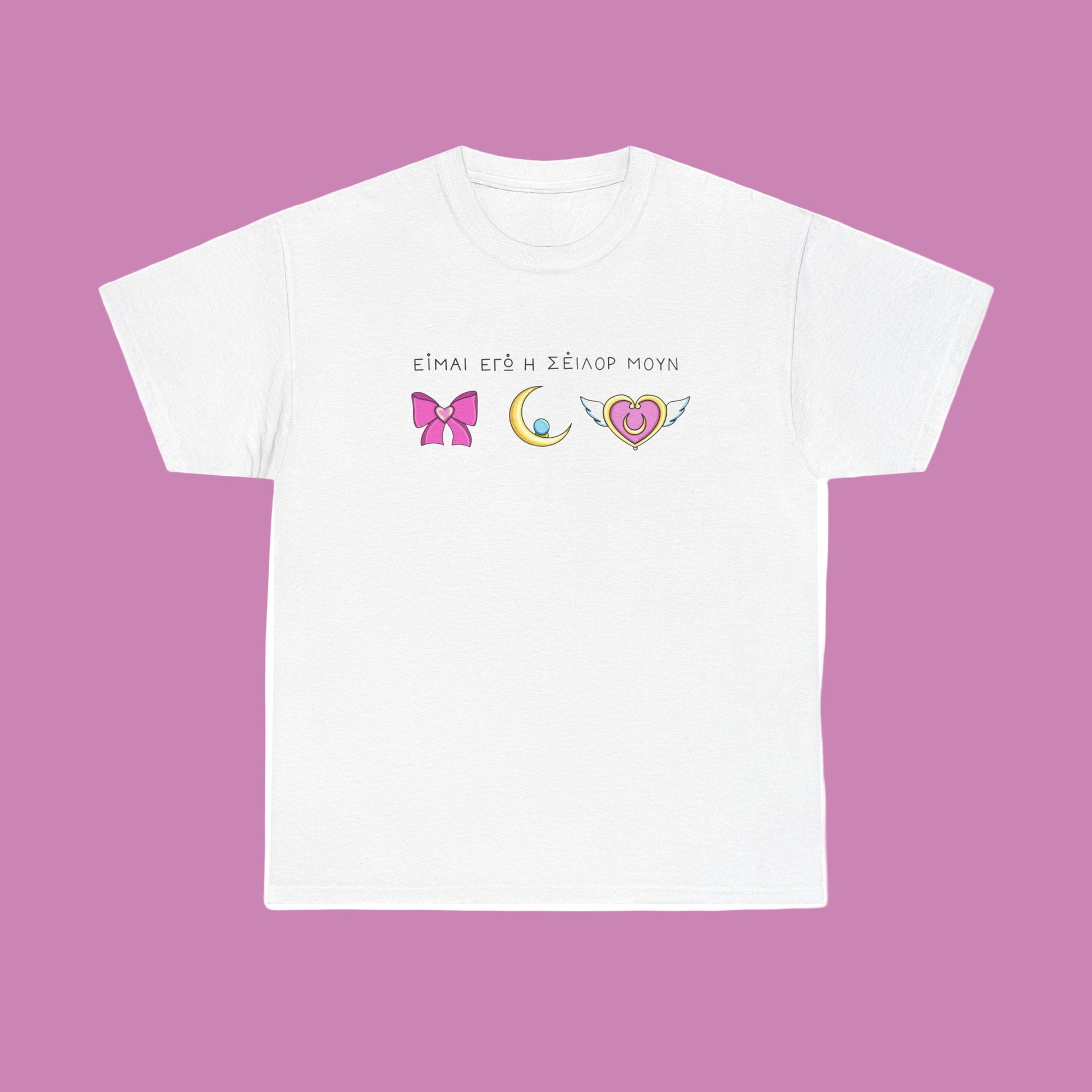 White t-shirt with colorful graphics and text on a white background