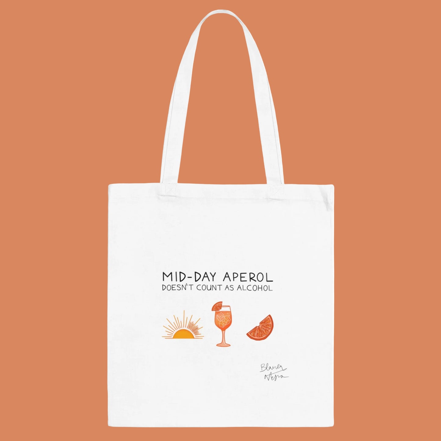White tote bag with 'Mid-Day Aperol doesn't count as alcohol' text and drink illustrations on a white background