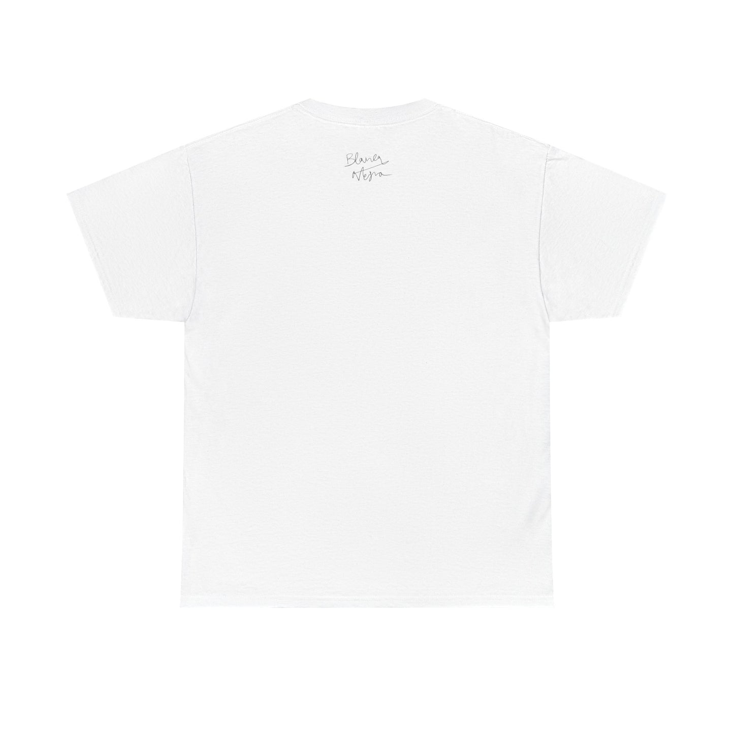 White t-shirt with a small logo on a white background