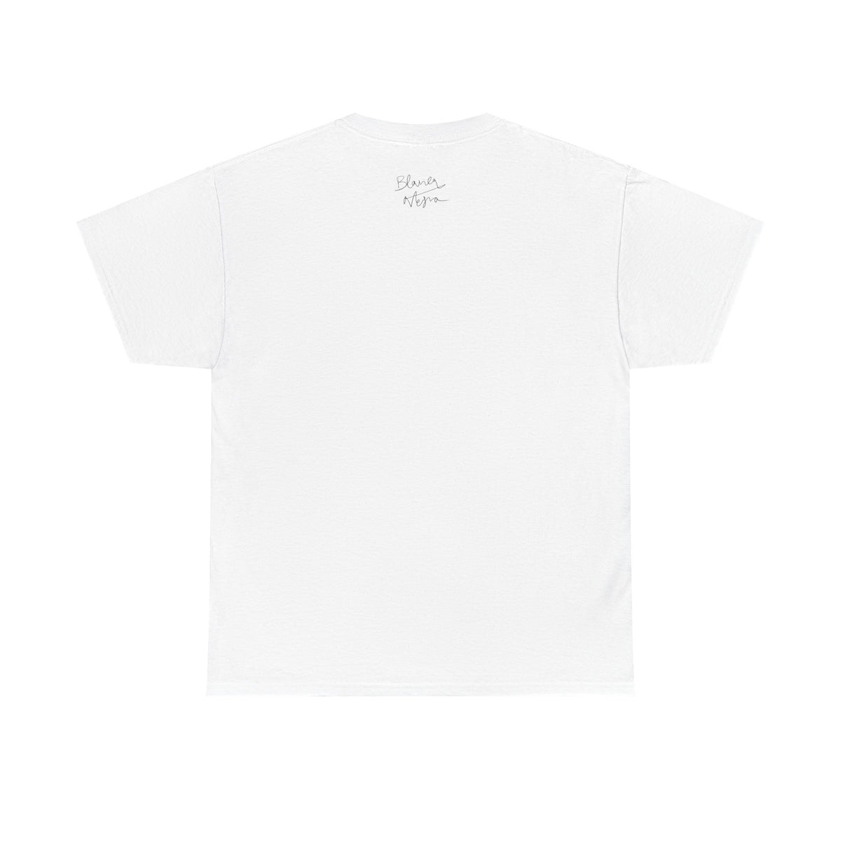 White t-shirt with a small logo on a white background