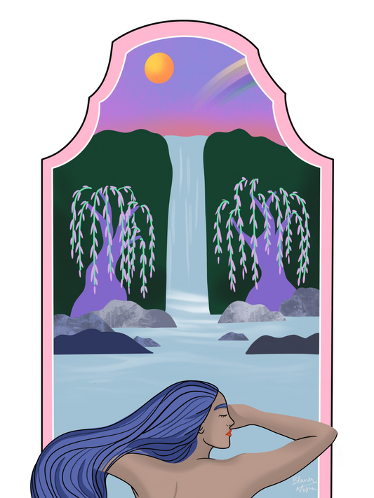 Illustration of a woman with blue hair looking at a waterfall with trees and a rainbow in the background.