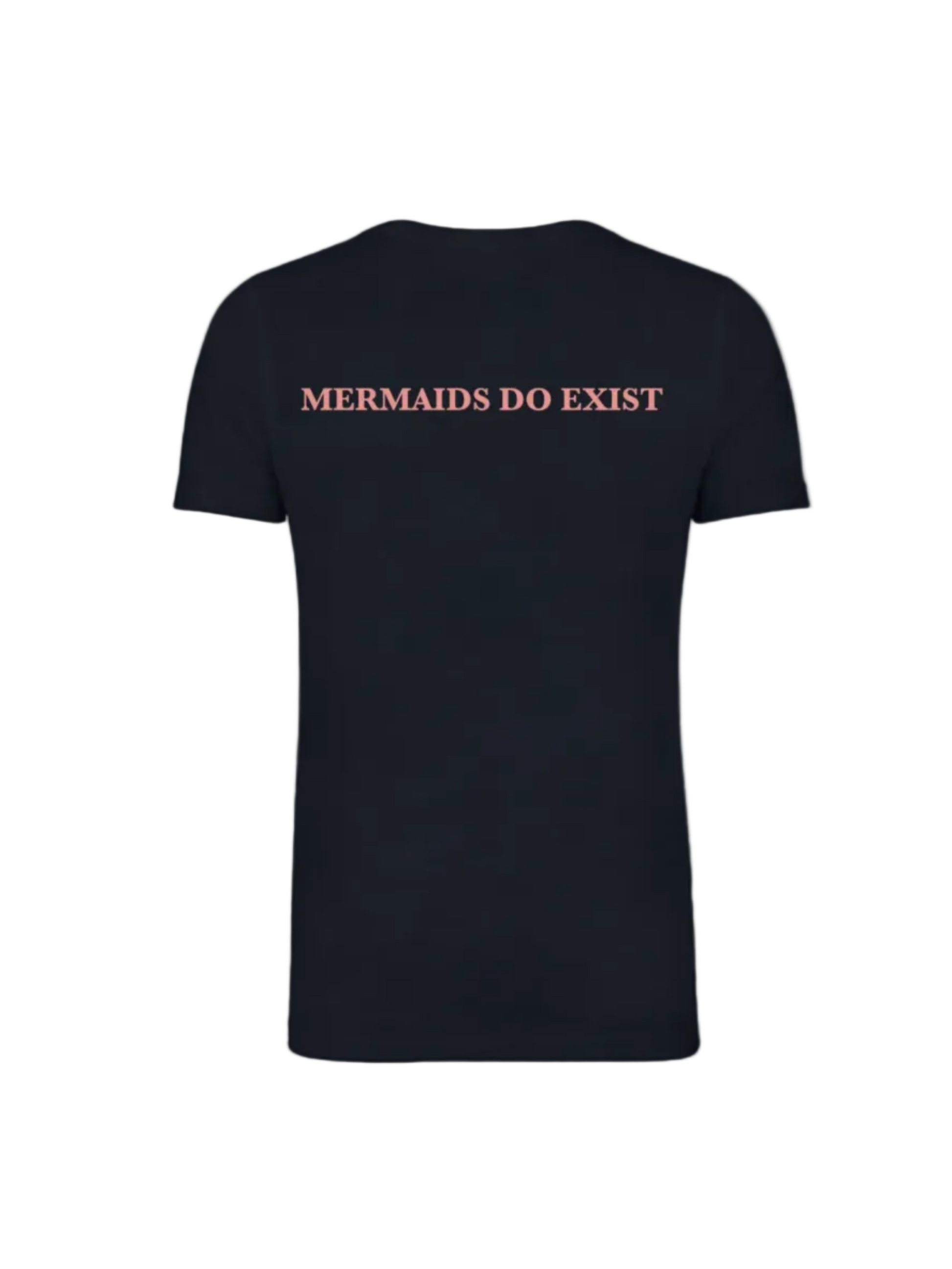 Black t-shirt with a logo on the chest against a white background