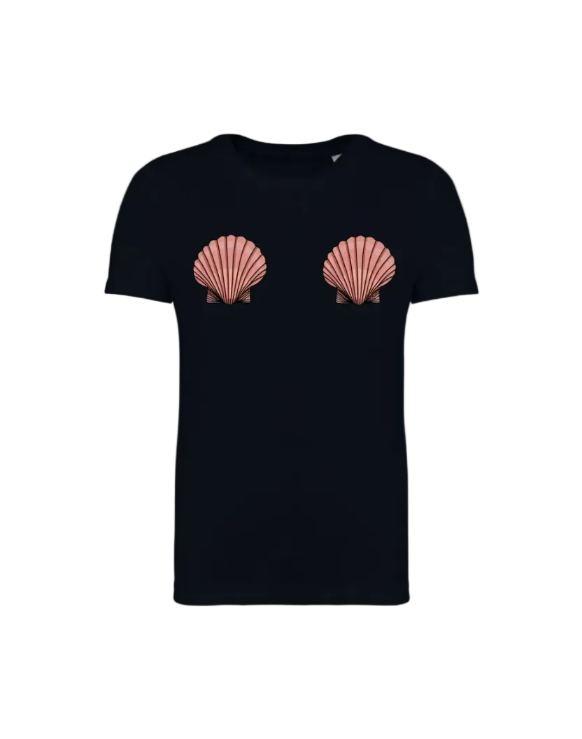Black t-shirt with pink shell designs on a white background