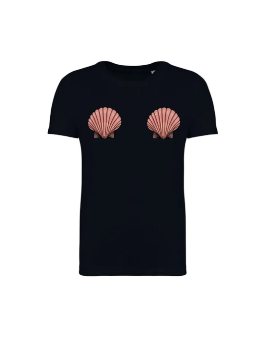 Black t-shirt with pink shell designs on a white background