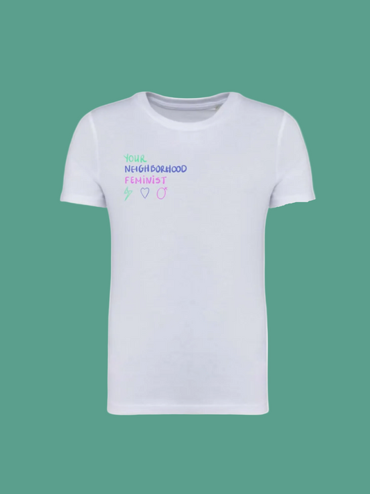 White t-shirt with colorful text and symbols on a white background