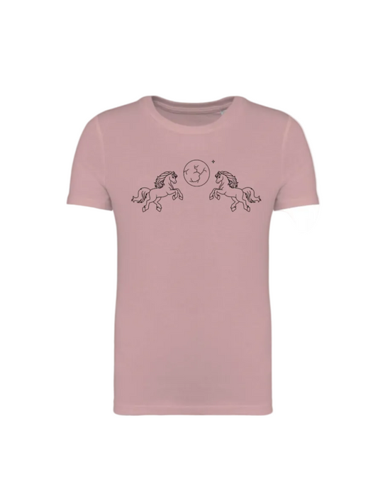 Pink t-shirt with pony design on a white background