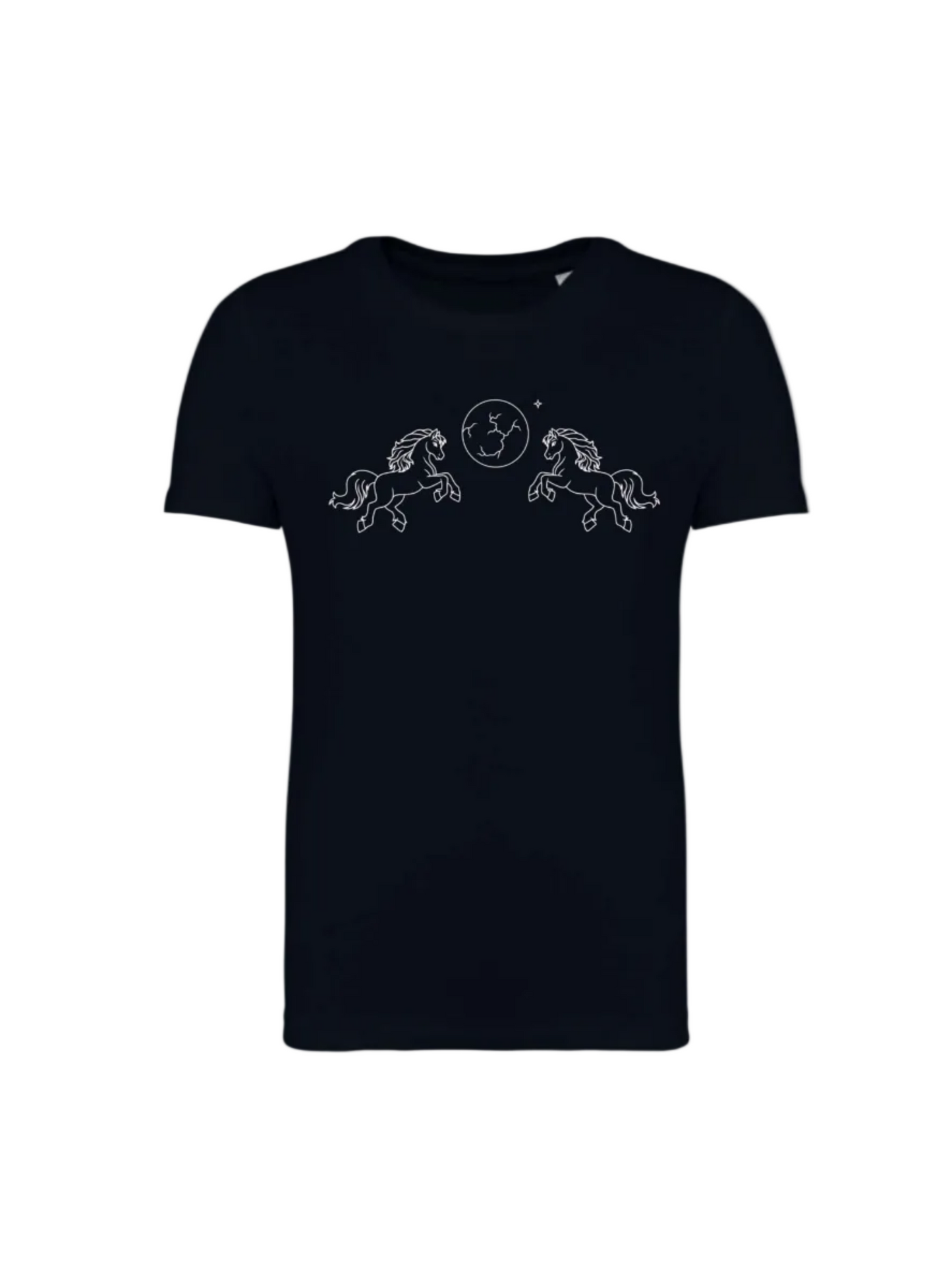 Black t-shirt with a pony design on the chest against a white background