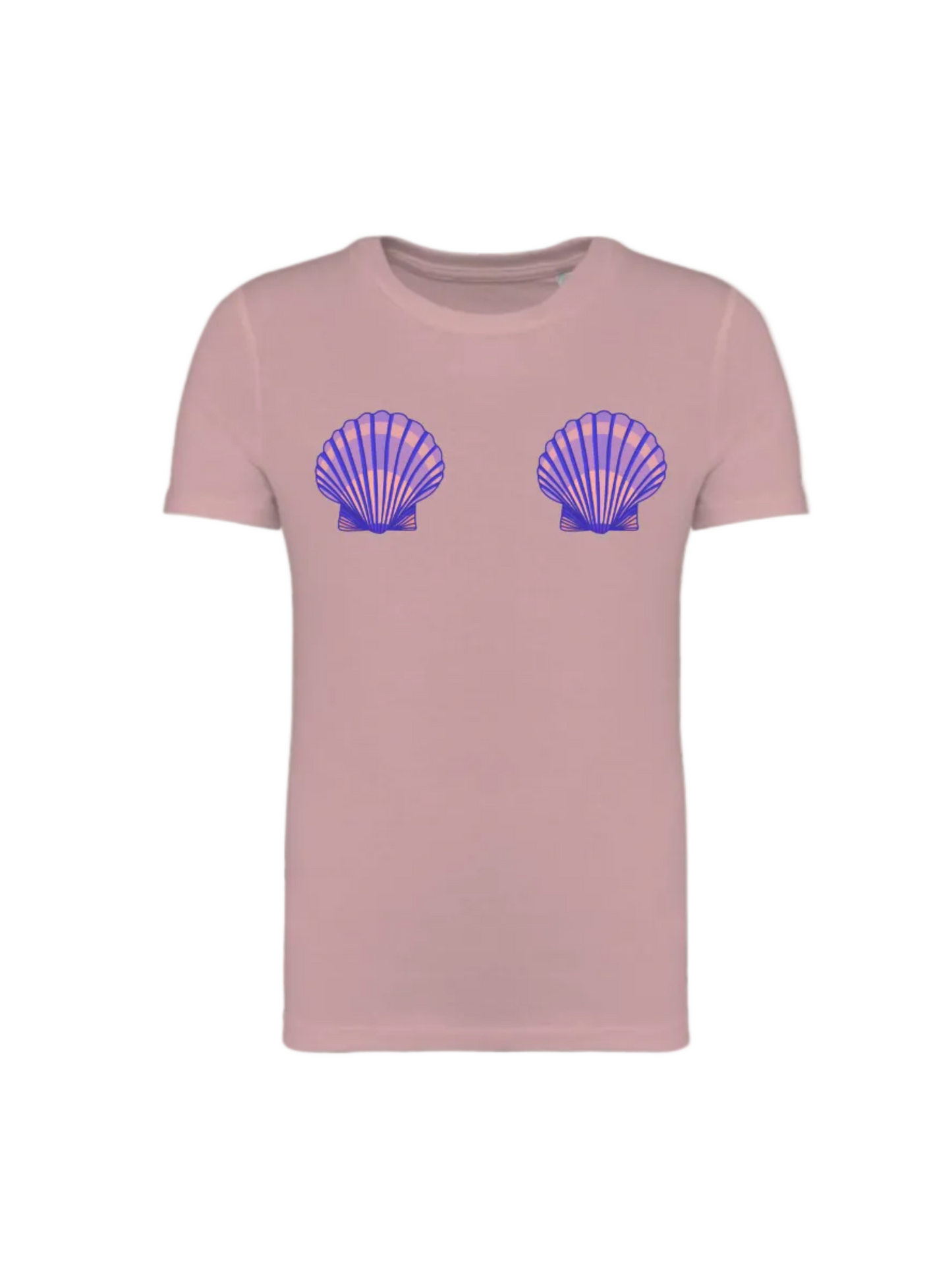 Pink t-shirt with purple shell designs on a white background
