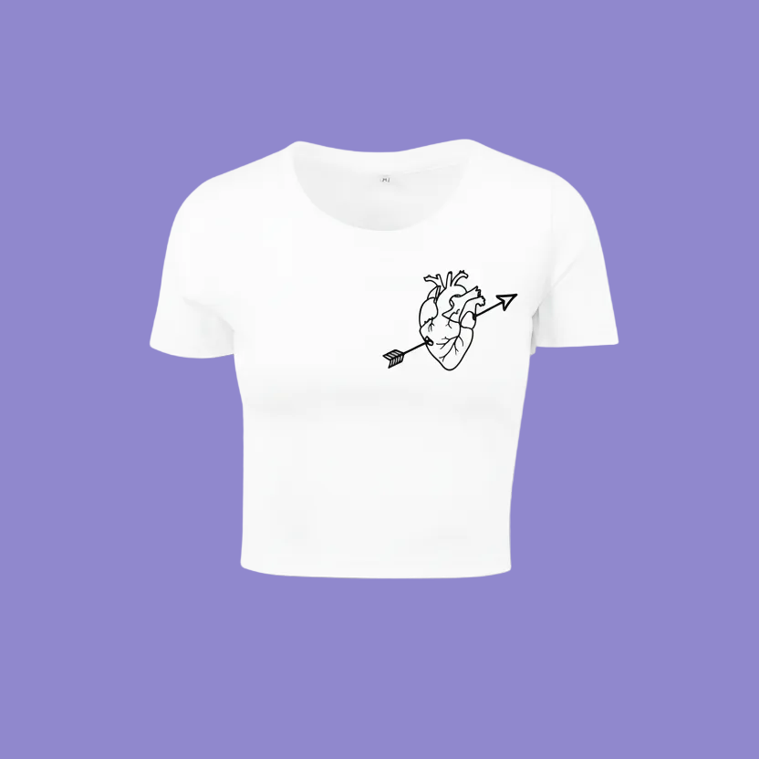 White t-shirt with black graphic design on a white background