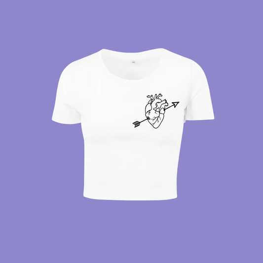 White t-shirt with black graphic design on a white background