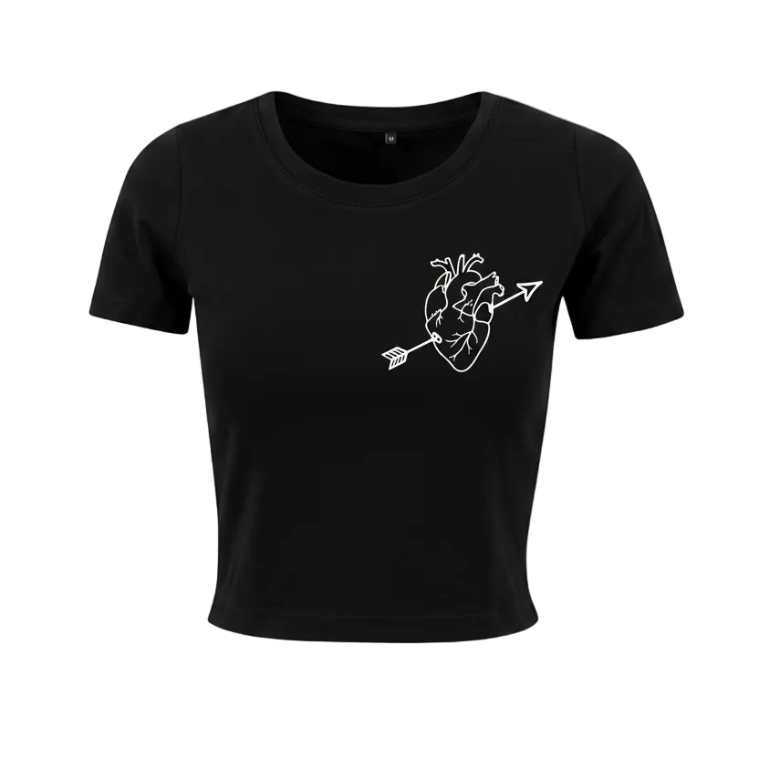 Black t-shirt with white graphic design on a white background
