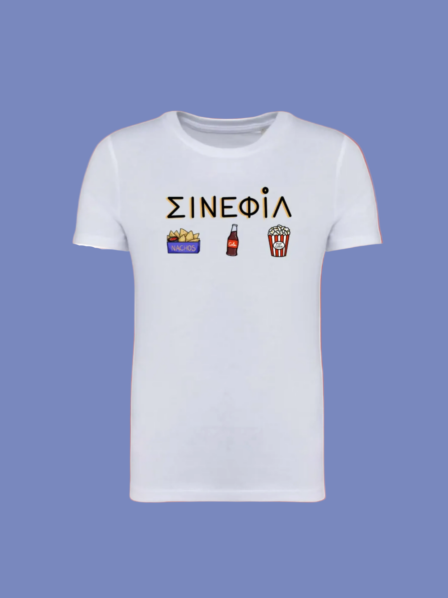 White t-shirt with graphics and text on a white background