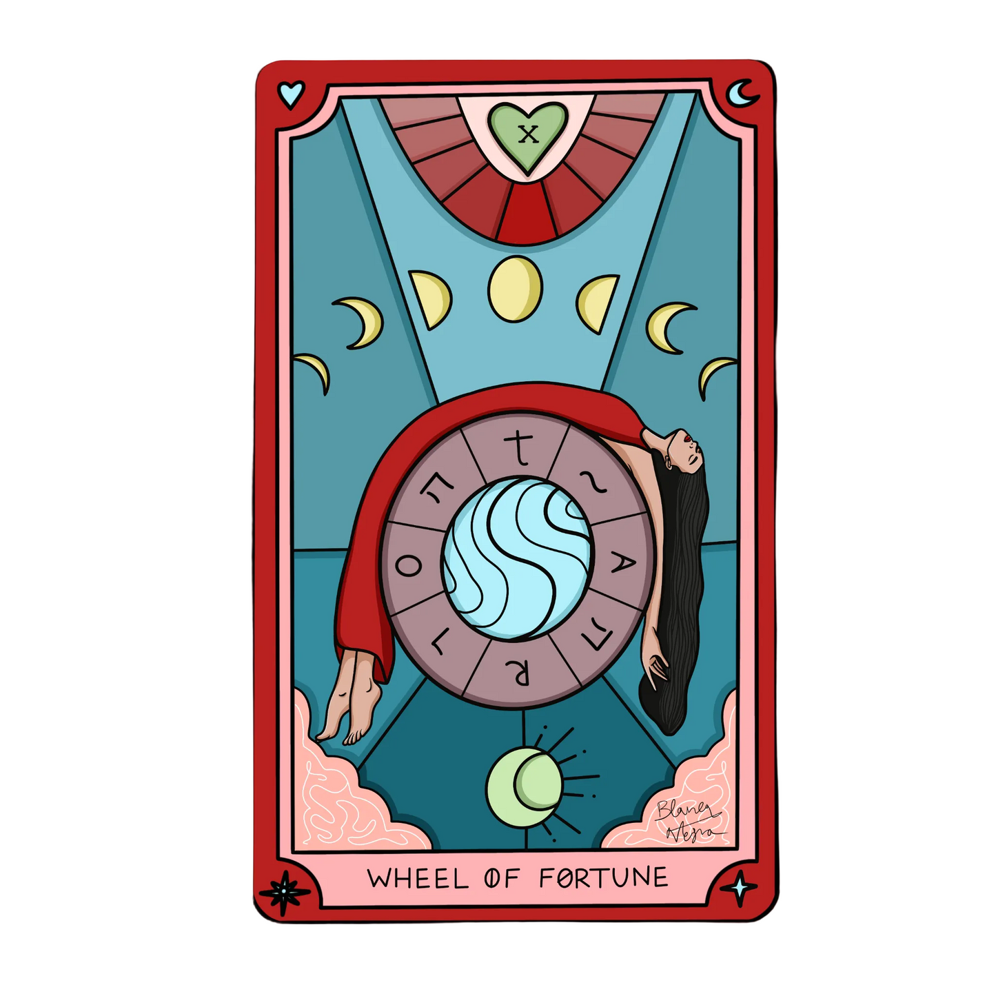 Cartoon tarot card titled 'Wheel of Fortune' with a stylized design on a white background.
