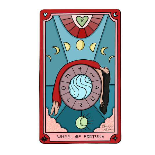 Cartoon tarot card titled 'Wheel of Fortune' with a stylized design on a white background.