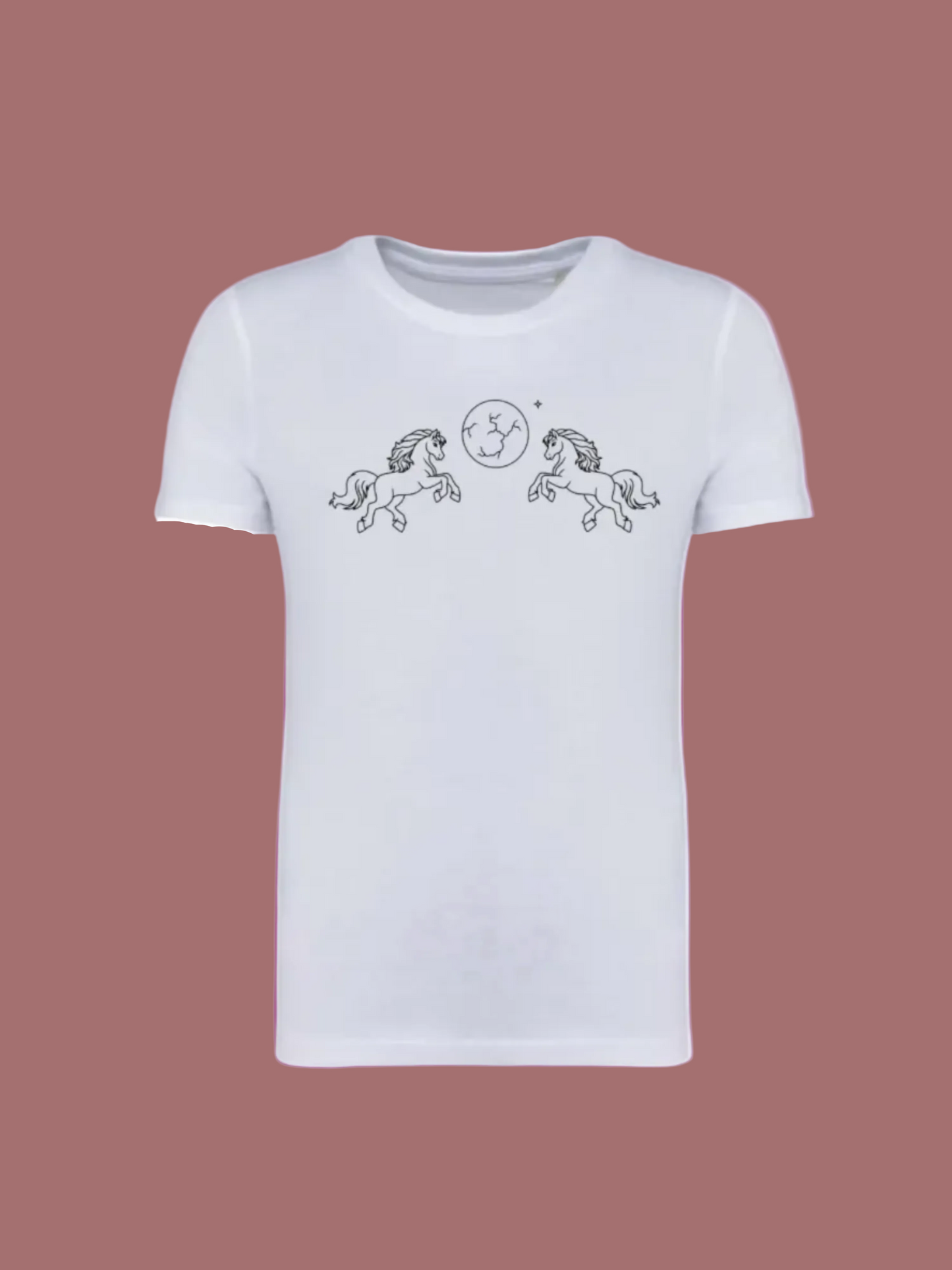 White t-shirt with black pony design on a white background